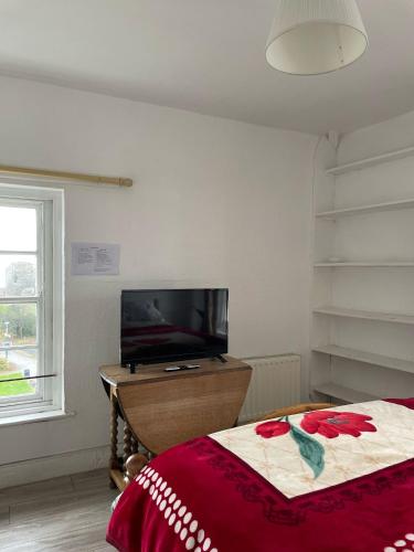 a bedroom with a bed and a flat screen tv at Bryn Awel in Aberystwyth