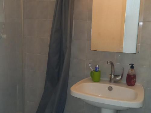 une salle de bain avec un lavabo et un rideau de douche dans l'établissement T2 cabine 35m² + loggia à Sète, parking et vue sur la mer - FR-1-472-120, à Sète
