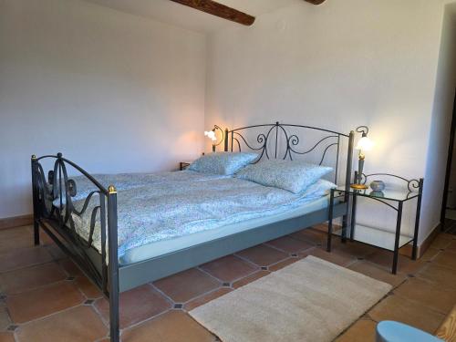 a bedroom with a bed with a wrought iron frame at Casa Carina - Enchanted rustico in Mergoscia in Mergoscia