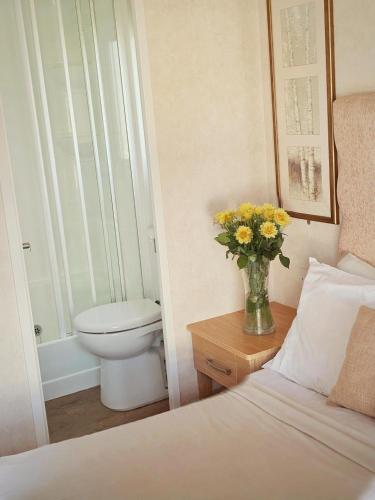 a bedroom with a toilet and a vase of flowers at Luxury lodge lyons robin hood in Rhyl