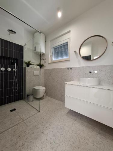 a bathroom with a shower and a sink and a mirror at Casa Bučina in Umag