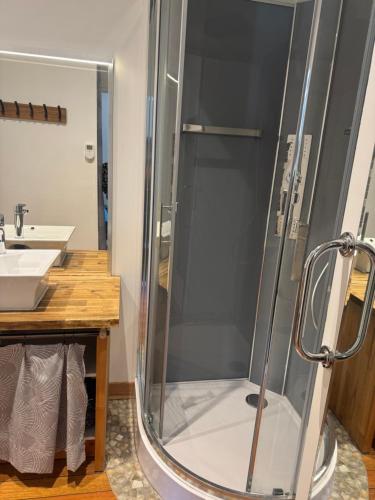 une douche en verre dans une salle de bain avec un lavabo dans l'établissement Maison de Ville, à Montignac