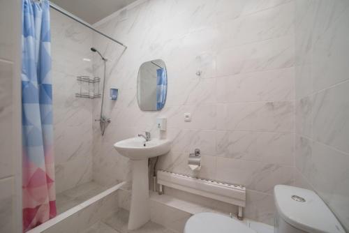 a bathroom with a sink and a toilet and a shower at Alpinist Hotel in Bishkek