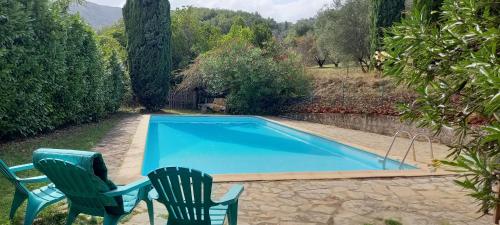 une piscine avec deux chaises et une table à côté dans l'établissement Eco-gite en Ardèche, à Viviers