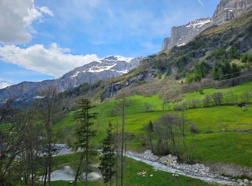 a green valley with a river and mountains at Leukerfun in Leukerbad