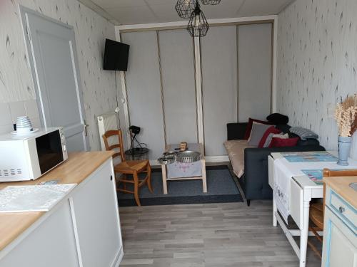 une cuisine et un salon avec un canapé et une télévision dans l'établissement gite de l amboise, à Saint-Valery-sur-Somme