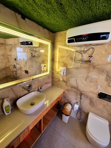 un baño con lavabo e inodoro en Luxury & cosy house in the hills, en Mukteshwar
