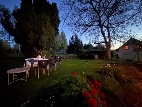 a table and chairs in a yard with red flowers at Venkovský Útulek in Lázně Libverda