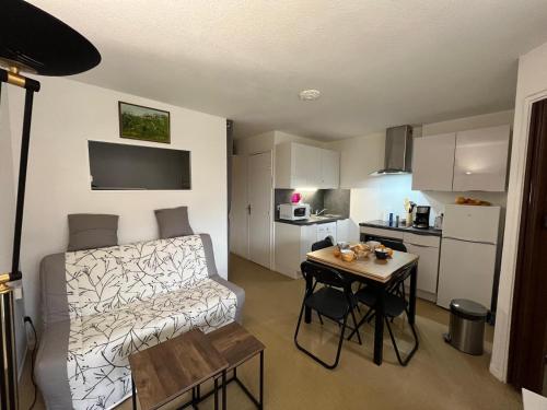 un salon avec un canapé et une table dans l'établissement Appartement SENILLADES à Saint Pierre La Mer, à Saint Pierre La Mer