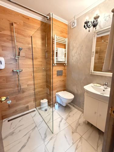 a bathroom with a shower and a toilet and a sink at Vila Central in Constanţa