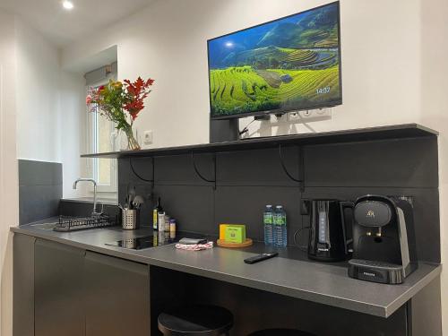 Elle comprend un bureau et une télévision. dans l'établissement GuestReady - Cozy green haven in Paris 13, à Paris