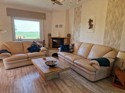 a living room with two couches and a coffee table at Haus am Willenberg in Warmsen