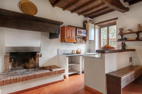 a kitchen with a fireplace and a counter in a room at Universal Harmony - Balestruccio in Dicomano