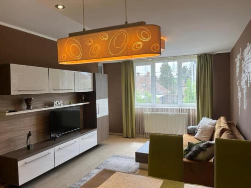 Televízia a/alebo spoločenská miestnosť v ubytovaní Platina Apartman