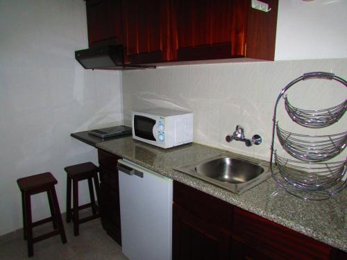 a small kitchen with a sink and a microwave at ATCamões in Almodôvar