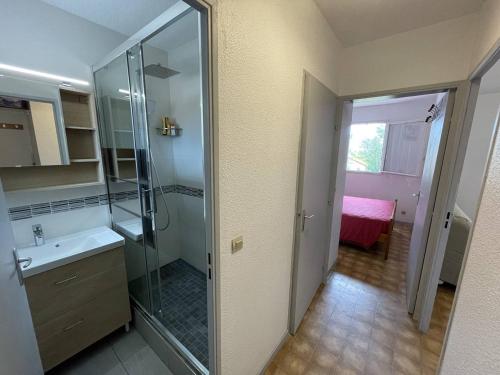 une salle de bain avec une douche en verre et un lavabo dans l'établissement T2 Port St Cyprien Piscine, Clim, Parking, Animaux Ok - FR-1-106-39, à Saint-Cyprien