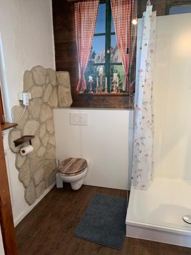 a bathroom with a toilet and a window at Gästehaus zum Felsen in Überlingen