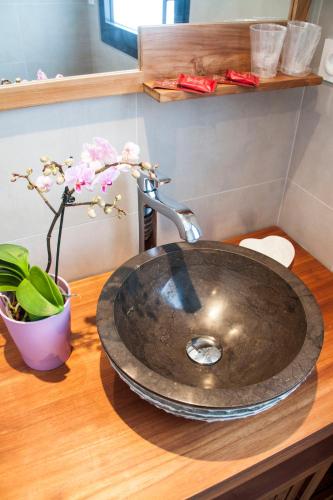 a sink on a wooden counter with a plant at Maison d'Hôtes Sainte Hune Chambres et appartements in Hunawihr
