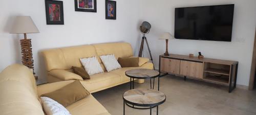 un salon avec un canapé et une télévision à écran plat dans l'établissement Fior di Lucia, à Zonza