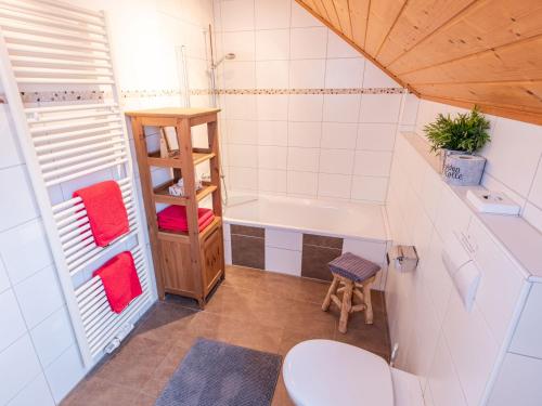 a bathroom with a toilet and a bath tub at Ferienhof Pulte in Attendorn