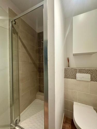a bathroom with a shower with a toilet and a sink at Stud'Arles in Arles