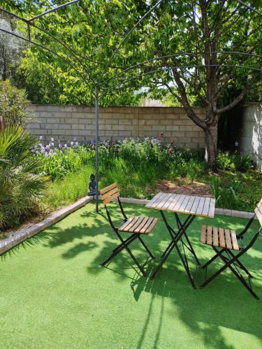 - deux chaises et une table de pique-nique dans le jardin dans l'établissement appartement indépendant f2 avec terrasse et jardin, à Cannes-et-Clairan