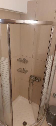 a shower with a glass door in a bathroom at Petrino 2 semibased by Vasileia in Sarti
