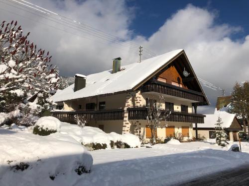 een huis met een met sneeuw bedekt dak bij Haus Hubertus in Enzklösterle