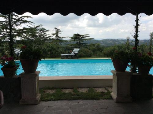 a swimming pool with two potted plants next to it at Villa Nanda a 15 minuti da Roma piscina esclusiva , villa nella natura in Formello