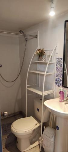 a bathroom with a white toilet and a sink at Habitacion Donde Emita in Santiago