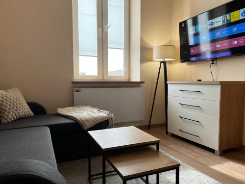 a living room with a couch and a flat screen tv at Apartament Górna 20 in Łódź