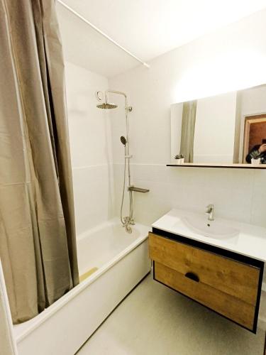 une salle de bain blanche avec un lavabo et une douche dans l'établissement Appartement 3 chambres à Sedan, à Sedan