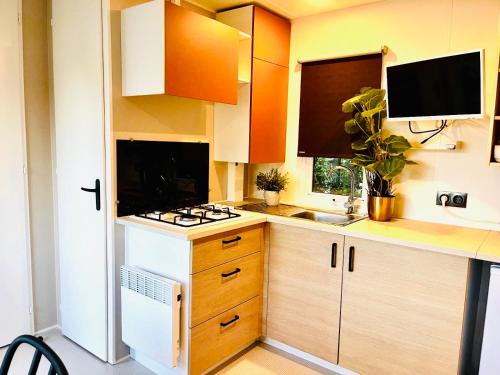 Una pequeña cocina con estufa y fregadero. en Stella am See 2, en Baierham