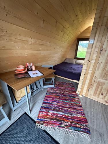 a small room with a table and a rug in a tiny house at Reservoir View Glamping Pod in Dol-y-gaer Station