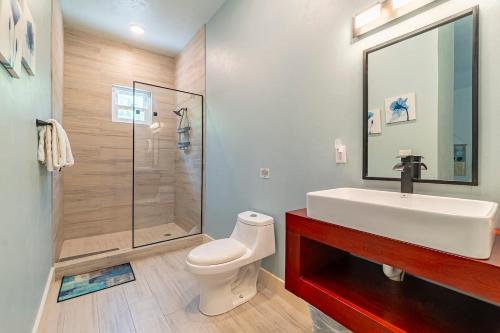 a bathroom with a toilet and a sink and a shower at Belize Oceanfront Villa W Pool, Beach & Pier in Basil Jones