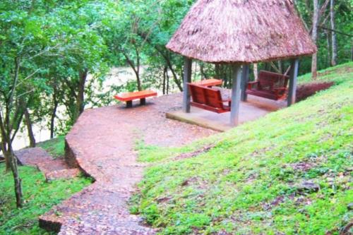 two benches sitting on a path next to a hut at Private 2 Bdrm Home On 46 Acres Along Macal River in Duffy Bank