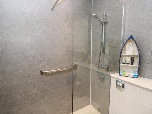 a shower stall with a glass door in a bathroom at Plimoth N6 in Yarmouth