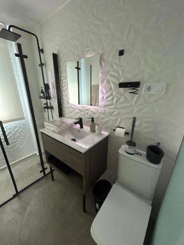 a bathroom with a sink and a toilet and a mirror at Apto 2.Duplex con jardin.Centrico- in Villanueva de la Cañada