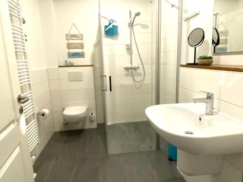 a bathroom with a shower and a toilet and a sink at Beach54 Damp Wellness-Loft in Damp