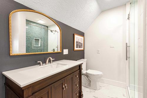 a bathroom with a sink and a toilet and a mirror at The Albatross Estate & Golf Links in Fletcher