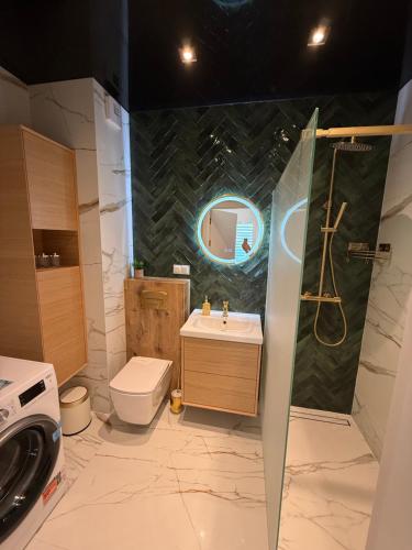 a bathroom with a sink and a toilet and a shower at Apartament Premium in Chełm