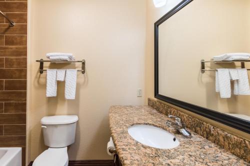 a bathroom with a sink and a mirror and a toilet at Motel 6-Joshua, TX in Joshua