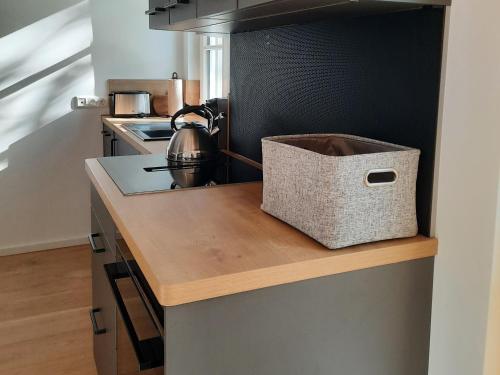 a kitchen with a counter with a kettle on a stove at Seeapartment Wustrau in Wustrau