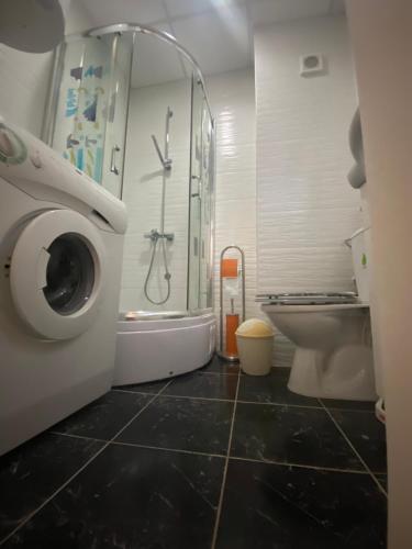 a bathroom with a washing machine and a toilet at Casa Clara in Ohrid
