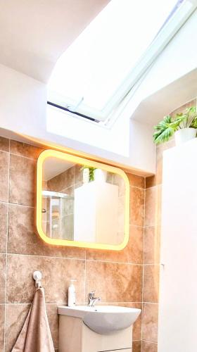 a bathroom with a sink and a mirror at Blue Elephant Room! in Lucan