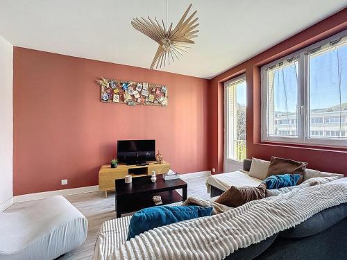 un salon avec deux canapés et une télévision dans l'établissement Appartement 6 personnes - Garage wilson, à Clermont-Ferrand