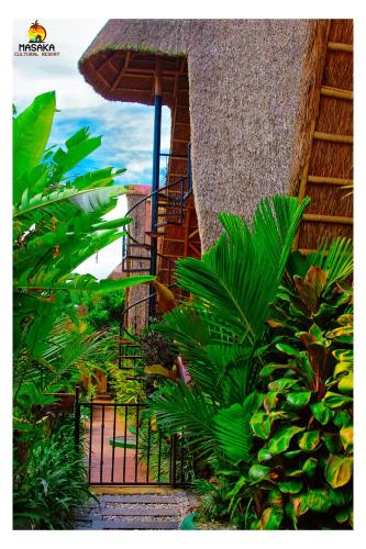 a stairway leading to a building with plants and an umbrella at Masaka Cultural Resort in Masaka