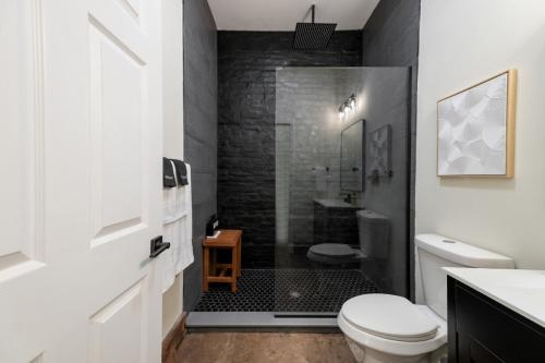 a bathroom with a shower with a toilet and a sink at Modern Loft-Style Retreat Near Blenko Glass in Milton, WV in Hurricane
