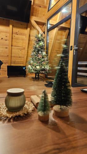 two christmas trees in a room with two trees at Old Nut Cabin in Teşila