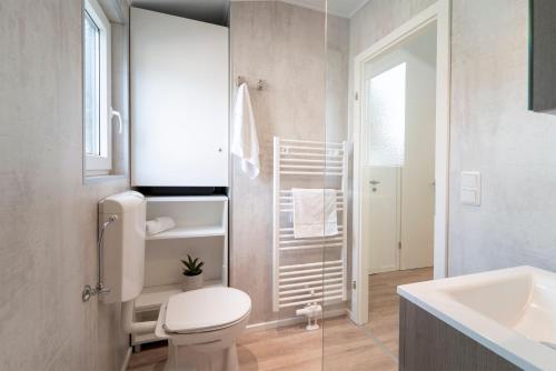 a bathroom with a white toilet and a sink at Ferienhäuser Lübecker Bucht Ferienhaus Strandläufer in Haffkrug